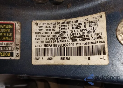 2006 Honda Civic Ex z USA, uszkodzony, nr VIN 1HGFA16896L032299